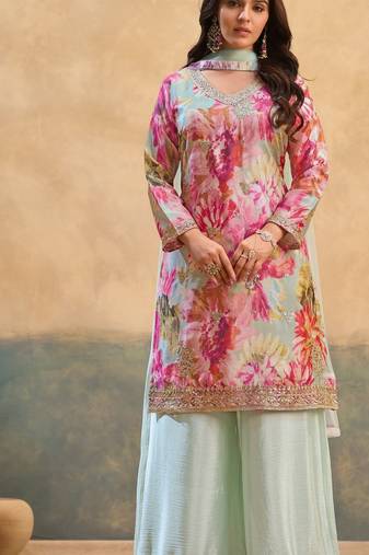 Pink embroidered chinon free size stitched palazzo style salwar suit