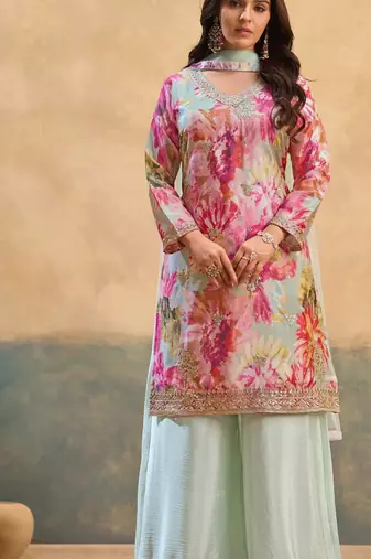 Pink embroidered chinon free size stitched palazzo style salwar suit
