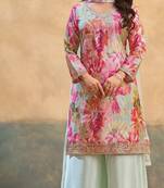 Pink embroidered chinon free size stitched palazzo style salwar suit