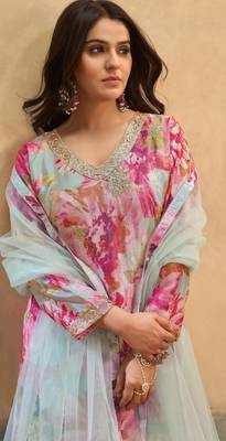 Pink embroidered chinon free size stitched palazzo style salwar suit 2