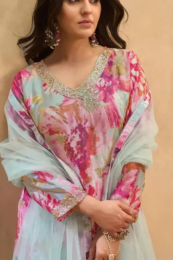 Pink embroidered chinon free size stitched palazzo style salwar suit