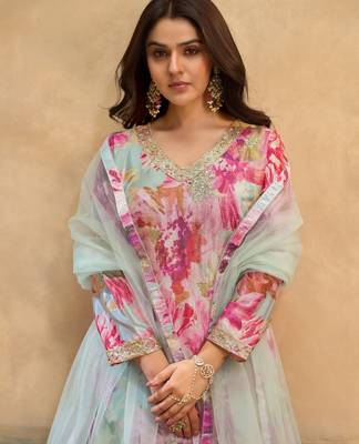 Pink embroidered chinon free size stitched palazzo style salwar suit 3