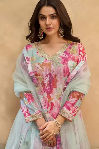 Pink embroidered chinon free size stitched palazzo style salwar suit