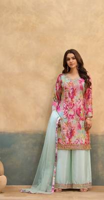 Pink embroidered chinon free size stitched palazzo style salwar suit 4