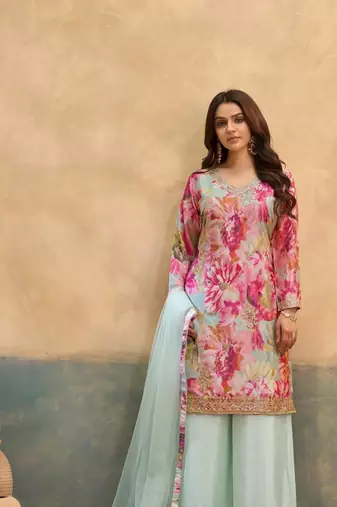 Pink embroidered chinon free size stitched palazzo style salwar suit