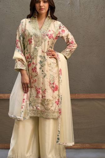 Off -White embroidered chinon free size stitched palazzo style salwar suit
