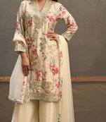 Off -White embroidered chinon free size stitched palazzo style salwar suit