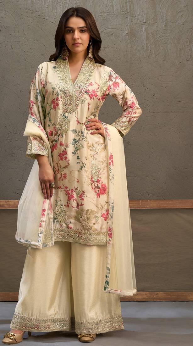 Off -White embroidered chinon free size stitched palazzo style salwar suit