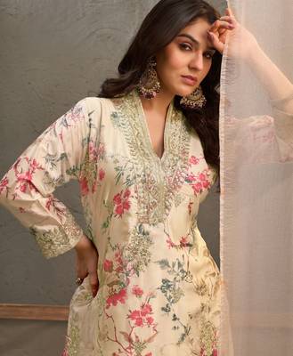 Off -White embroidered chinon free size stitched palazzo style salwar suit 2