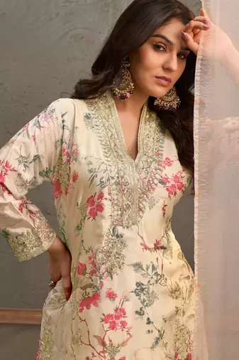 Off -White embroidered chinon free size stitched palazzo style salwar suit
