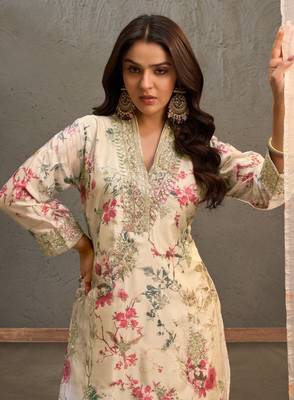 Off -White embroidered chinon free size stitched palazzo style salwar suit 3