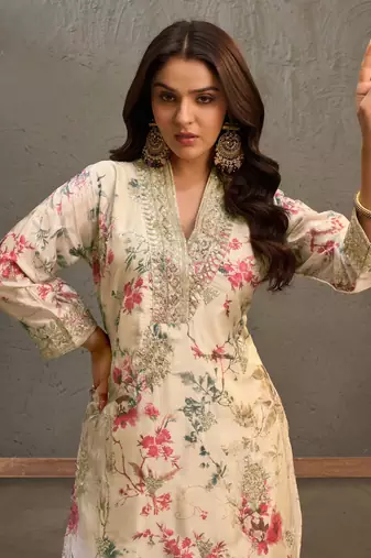 Off -White embroidered chinon free size stitched palazzo style salwar suit