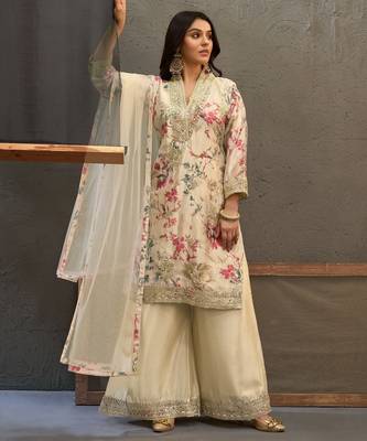 Off -White embroidered chinon free size stitched palazzo style salwar suit 4