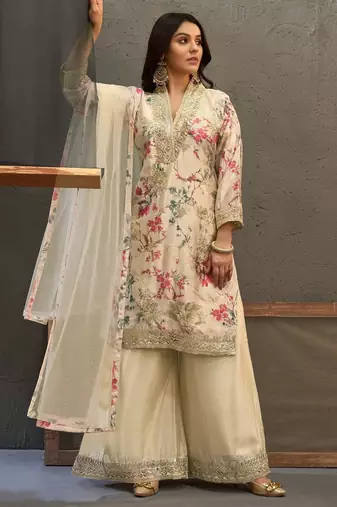 Off -White embroidered chinon free size stitched palazzo style salwar suit