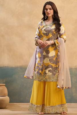 Yellow embroidered chinon free size stitched palazzo style salwar suit 1