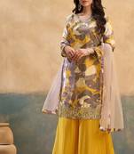 Yellow embroidered chinon free size stitched palazzo style salwar suit