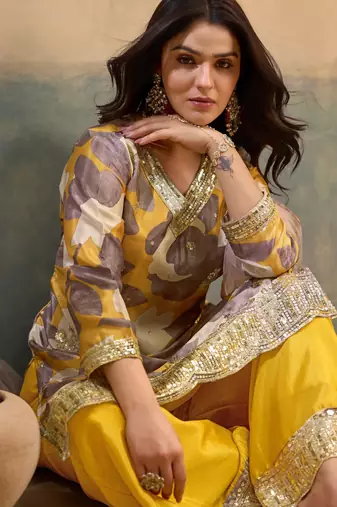 Yellow embroidered chinon free size stitched palazzo style salwar suit
