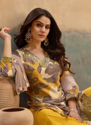 Yellow embroidered chinon free size stitched palazzo style salwar suit 3