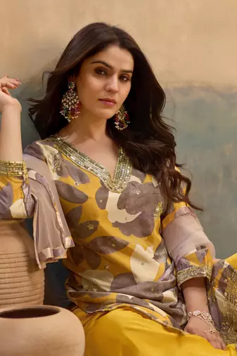 Yellow embroidered chinon free size stitched palazzo style salwar suit