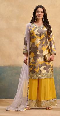 Yellow embroidered chinon free size stitched palazzo style salwar suit 4