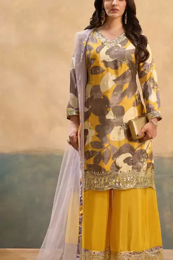 Yellow embroidered chinon free size stitched palazzo style salwar suit