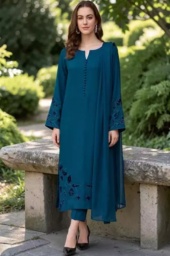 Women Ethnic Motifs Embroidered Chanderi Silk Kurta with Trousers & With Dupatta