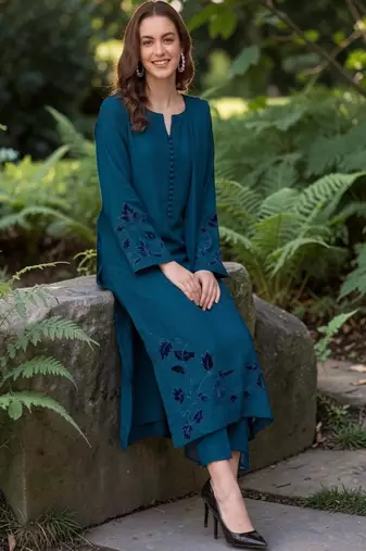 Women Ethnic Motifs Embroidered Chanderi Silk Kurta with Trousers & With Dupatta