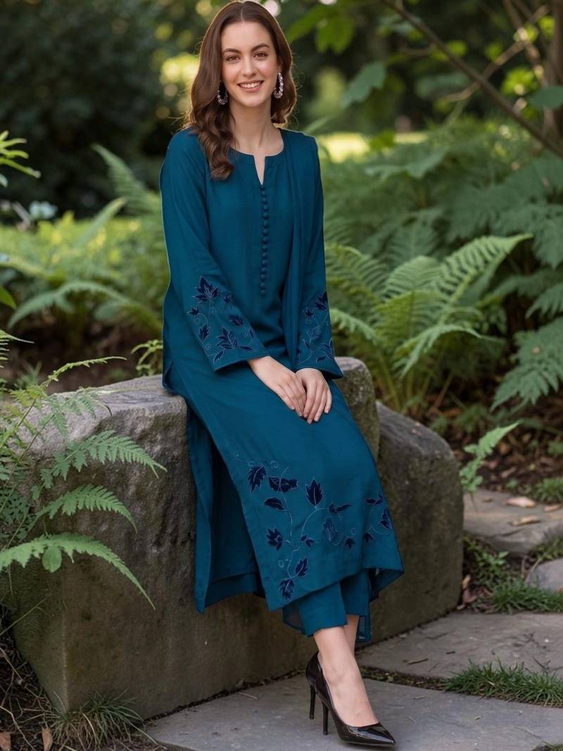 Women Ethnic Motifs Embroidered Chanderi Silk Kurta with Trousers & With Dupatta