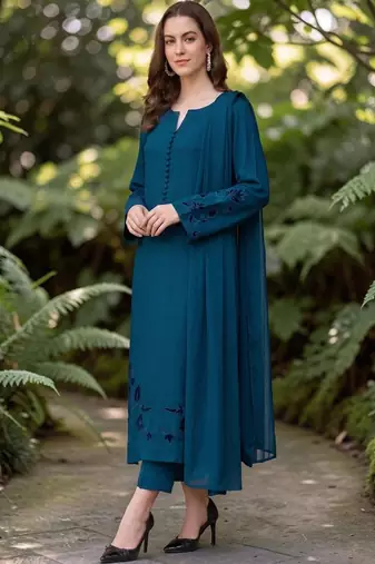 Women Ethnic Motifs Embroidered Chanderi Silk Kurta with Trousers & With Dupatta