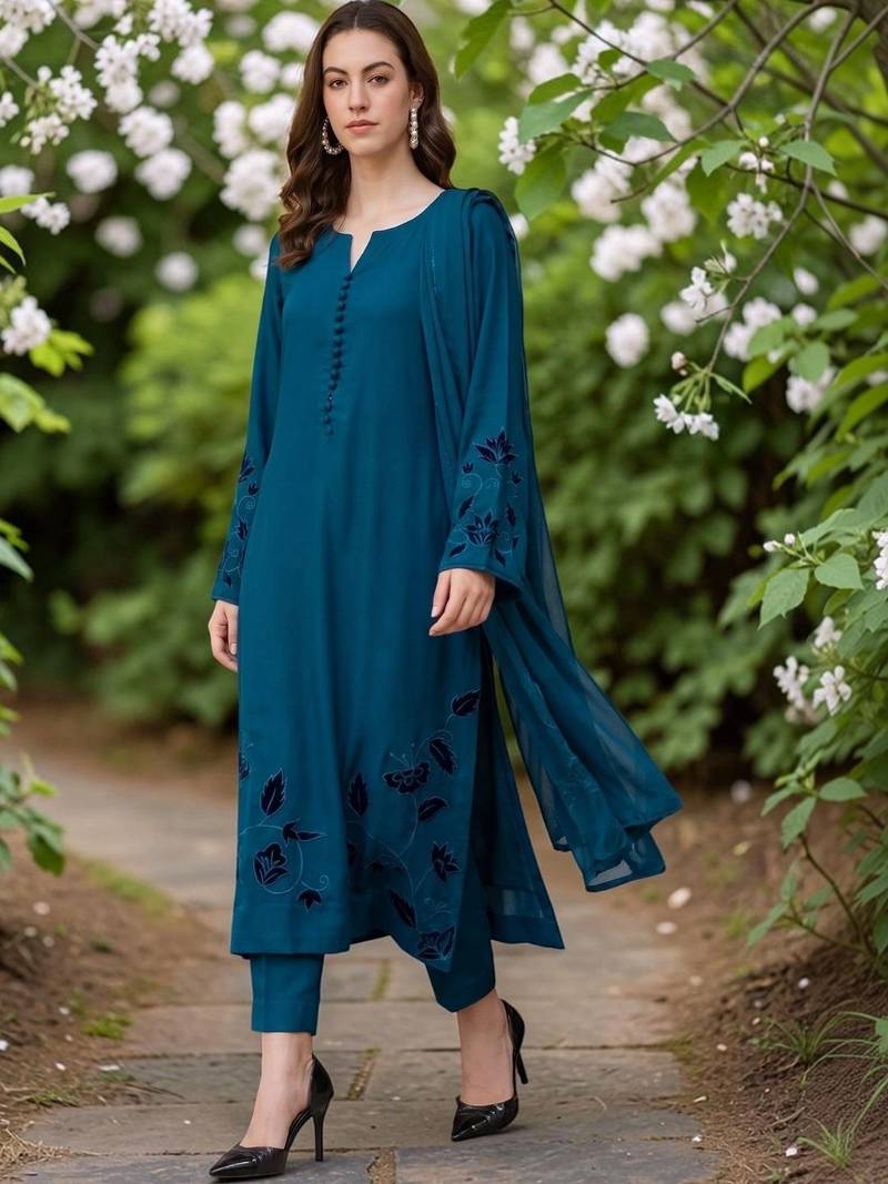 Women Ethnic Motifs Embroidered Chanderi Silk Kurta with Trousers & With Dupatta