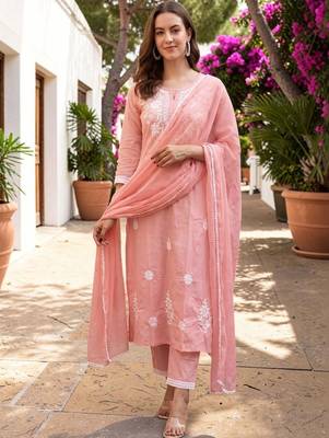 Women Ethnic Motifs Embroidered Regular Thread Work Pure Cotton Kurta with Trousers & With Dupatta 1