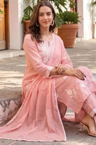 Women Ethnic Motifs Embroidered Regular Thread Work Pure Cotton Kurta with Trousers & With Dupatta