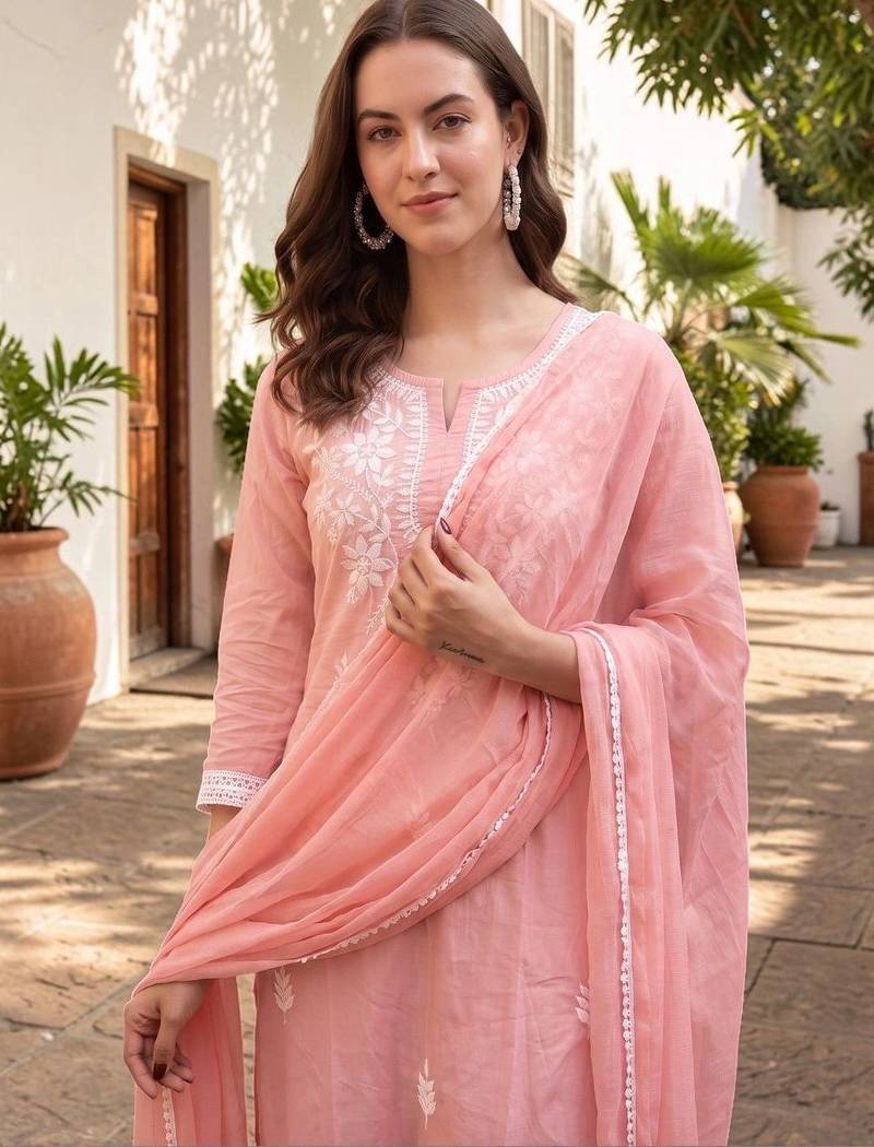 Women Ethnic Motifs Embroidered Regular Thread Work Pure Cotton Kurta with Trousers & With Dupatta