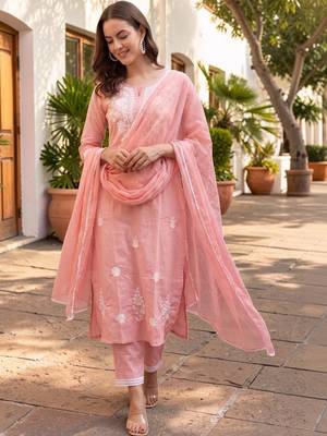 Women Ethnic Motifs Embroidered Regular Thread Work Pure Cotton Kurta with Trousers & With Dupatta 5