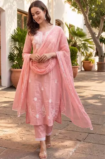 Women Ethnic Motifs Embroidered Regular Thread Work Pure Cotton Kurta with Trousers & With Dupatta