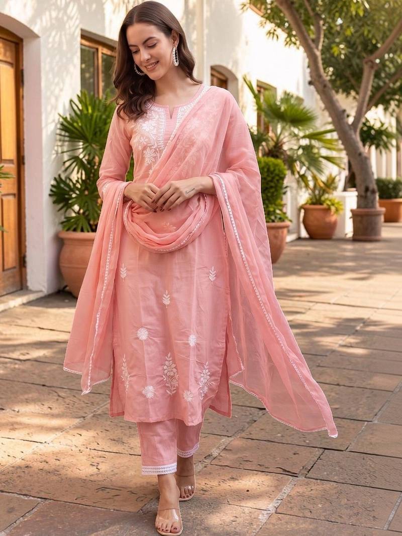 Women Ethnic Motifs Embroidered Regular Thread Work Pure Cotton Kurta with Trousers & With Dupatta