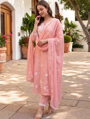 Women Ethnic Motifs Embroidered Regular Thread Work Pure Cotton Kurta with Trousers & With Dupatta 7