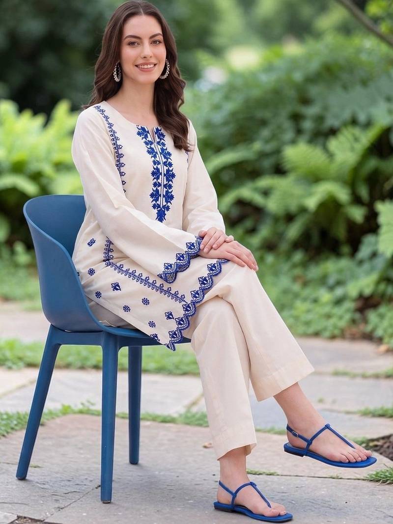 Women Ethnic Motifs Regular Thread Work Chanderi Silk Kurta with Trousers