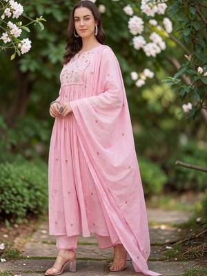 Floral Embroidered Empire Thread Work Chanderi Silk Kurta Trousers & With Dupatta 6