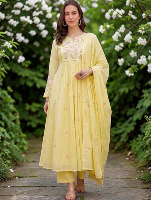 Women Floral Embroidered Empire Chanderi Silk Kurta with Trousers & Dupatta 1