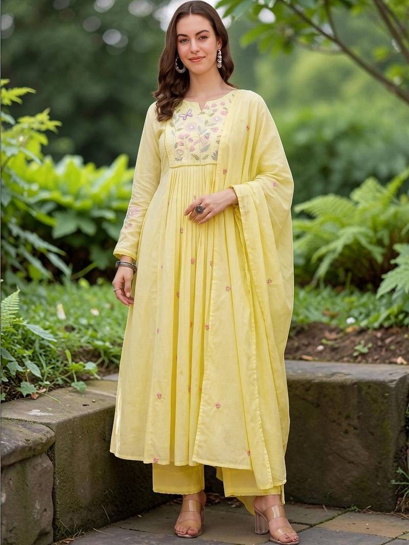 Women Floral Embroidered Empire Chanderi Silk Kurta with Trousers & Dupatta