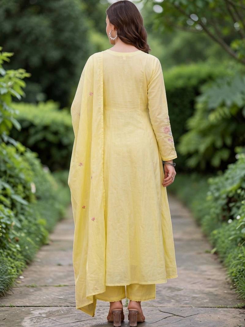 Women Floral Embroidered Empire Chanderi Silk Kurta with Trousers & Dupatta