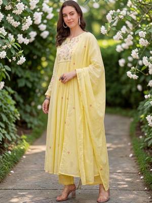 Women Floral Embroidered Empire Chanderi Silk Kurta with Trousers & Dupatta 6