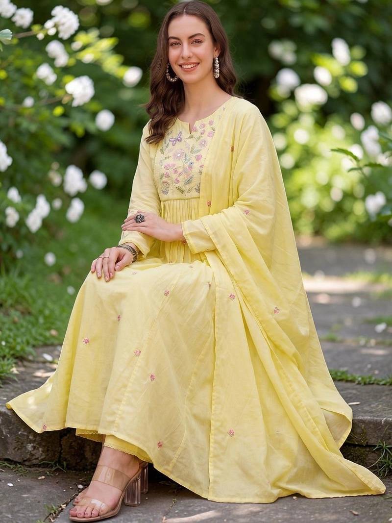 Women Floral Embroidered Empire Chanderi Silk Kurta with Trousers & Dupatta