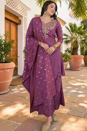 Women Ethnic Motifs Embroidered Regular Thread Work Kurta with Sharara & With Dupatta