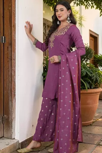 Women Ethnic Motifs Embroidered Regular Thread Work Kurta with Sharara & With Dupatta