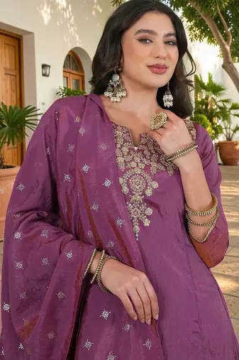 Women Ethnic Motifs Embroidered Regular Thread Work Kurta with Sharara & With Dupatta