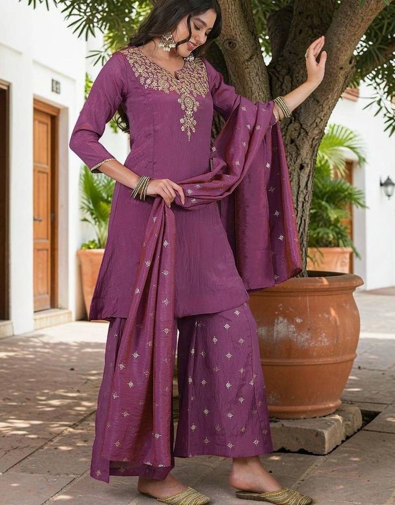 Women Ethnic Motifs Embroidered Regular Thread Work Kurta with Sharara & With Dupatta
