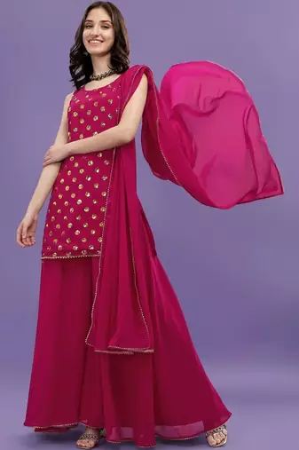 Women Ethnic Motifs Embroidered Regular Sequinned Kurta with Palazzos & With Dupatta