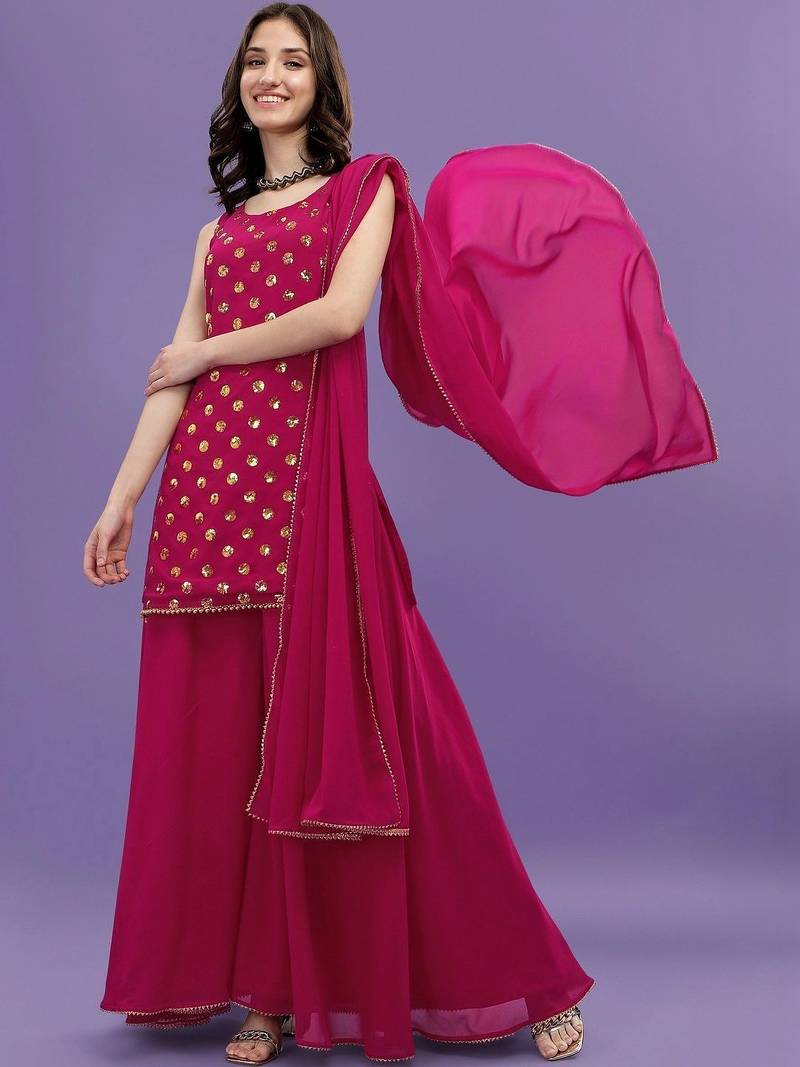 Women Ethnic Motifs Embroidered Regular Sequinned Kurta with Palazzos & With Dupatta